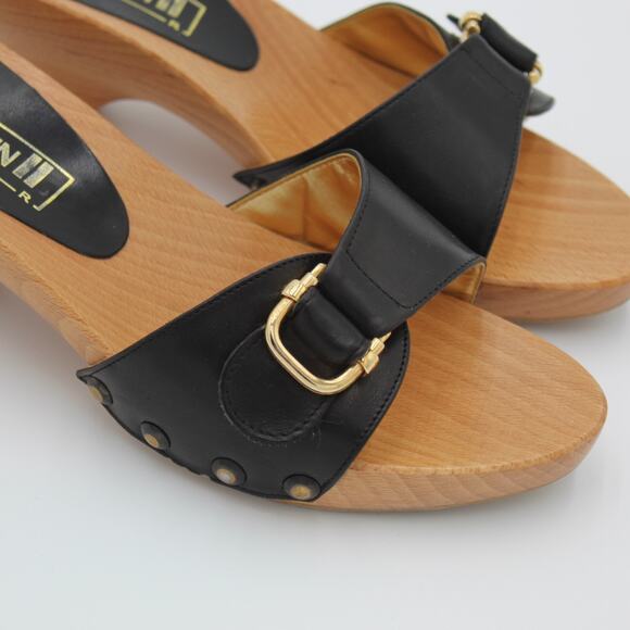 Anne Klein Y2K Wood Chunky Clog Womens 7.5 Black Sandal Slip On Buckle Italy - Picture 6 of 9